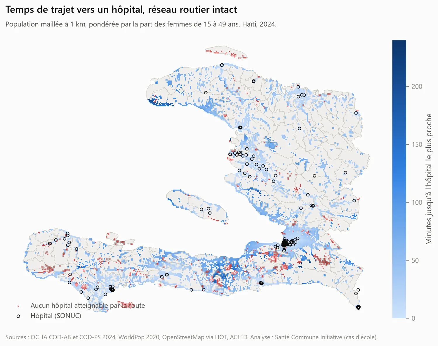 Carte des temps de trajet vers l'hôpital le plus proche en Haïti, réseau routier intact